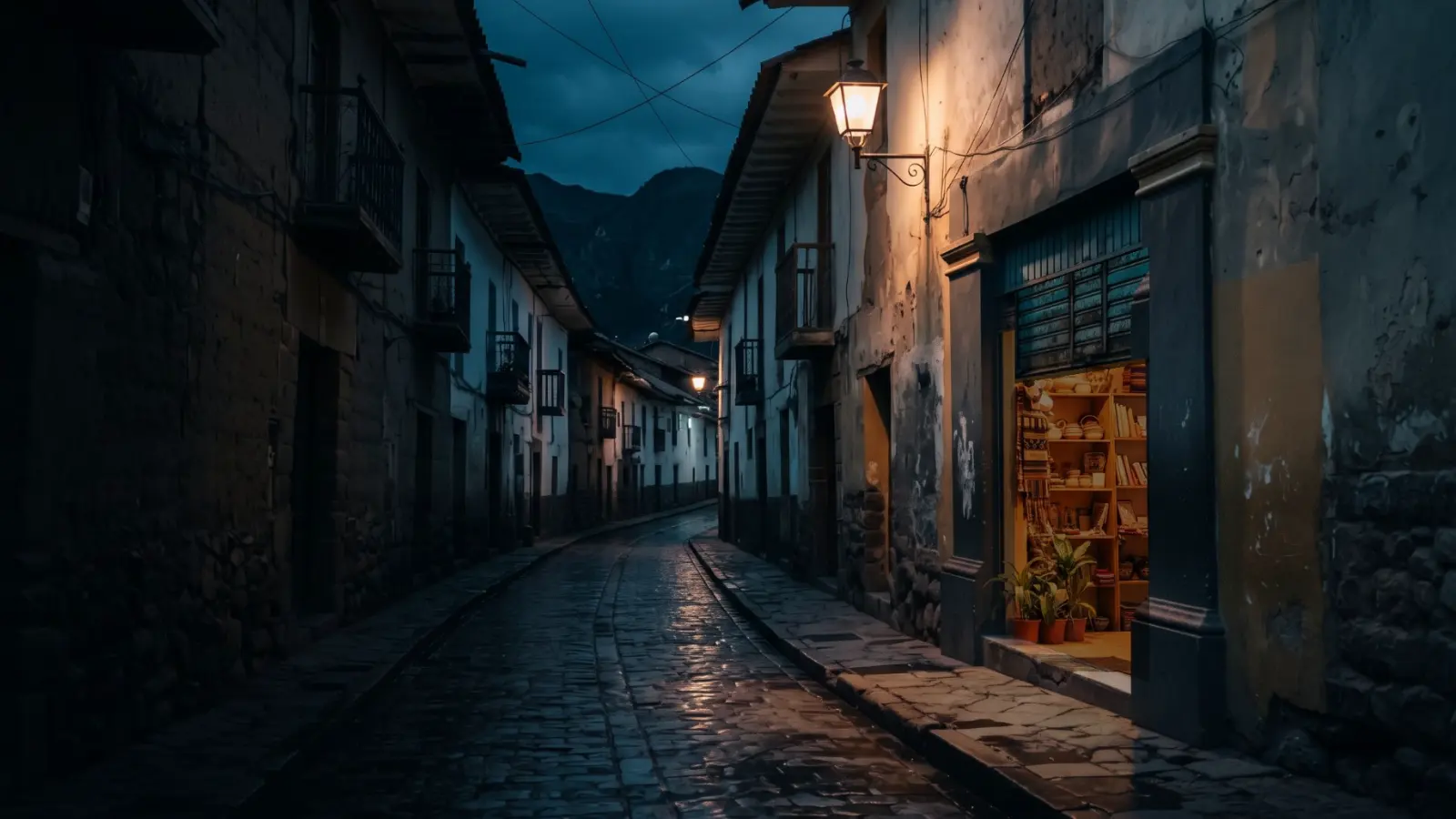 Ejemplo de portada Premium: una calle de noche donde la cortina de una tienda se abre al deslizar