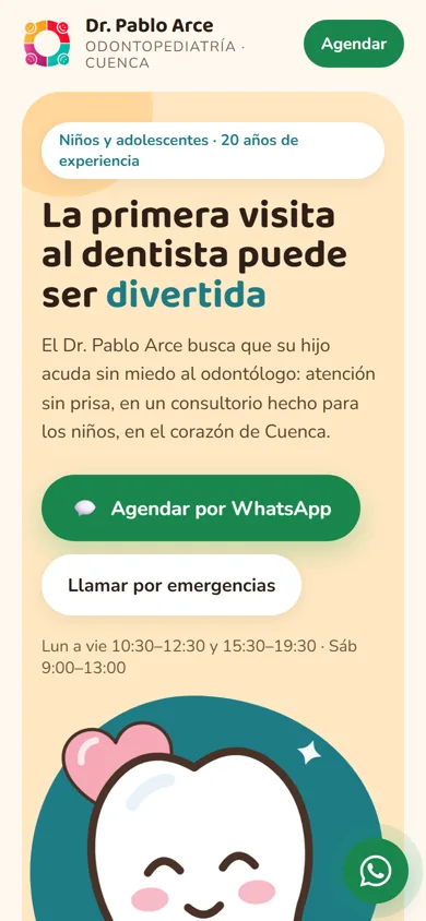 Sitio nuevo del Dr. Arce en el celular, con el botón de WhatsApp en la primera pantalla